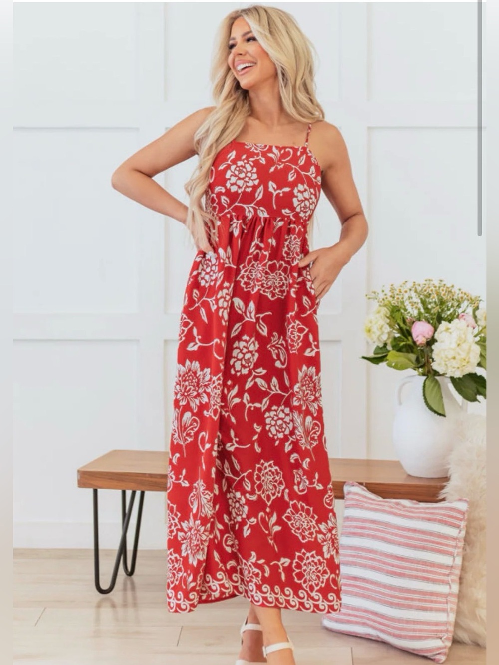 Red & White Floral Empire Waist Maxi Dress